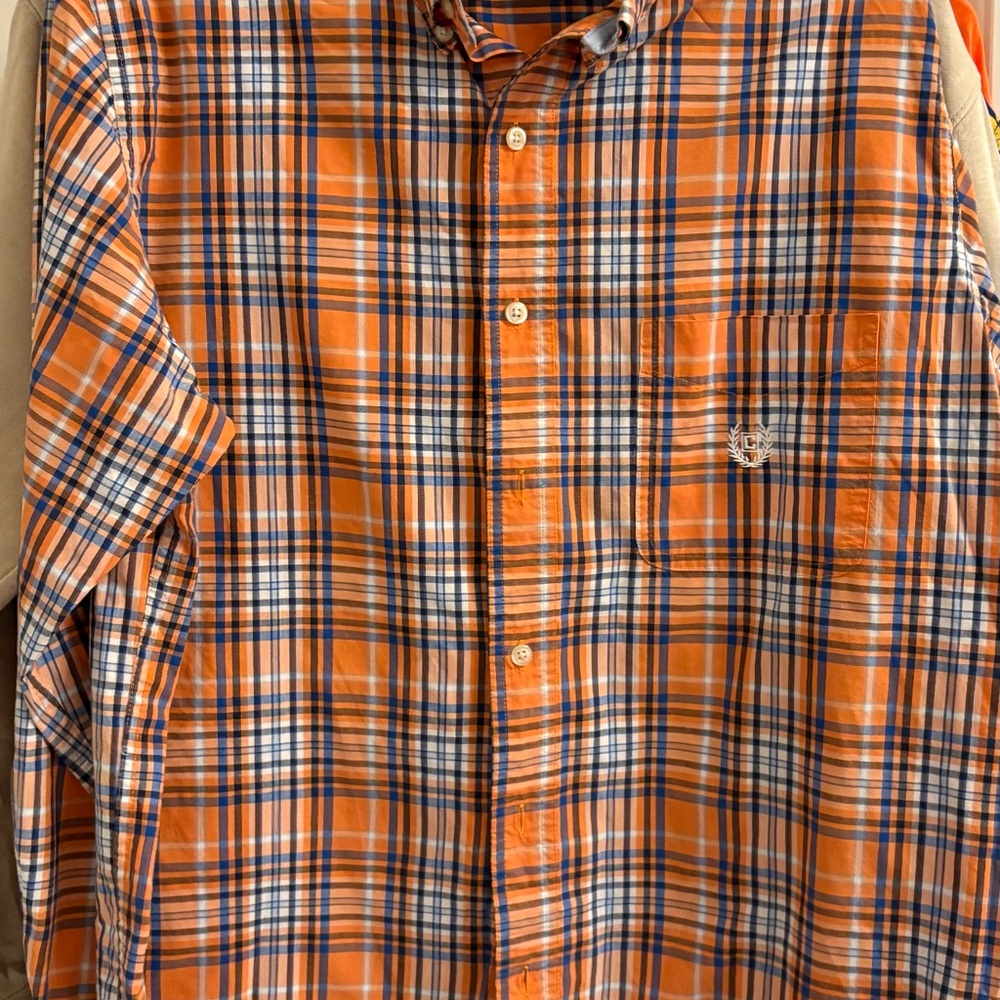 Men Chaps Orange and Blue Plaid Men's Shirt